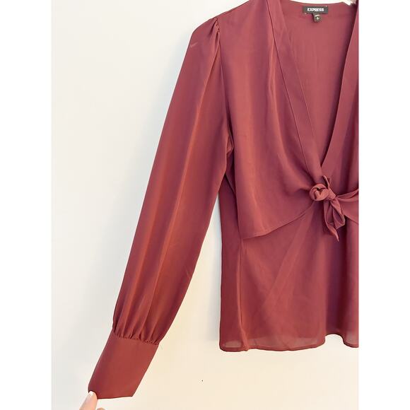 Express Maroon Surplice Tie Front Wrap Blouse Size Small - Picture 2 of 7